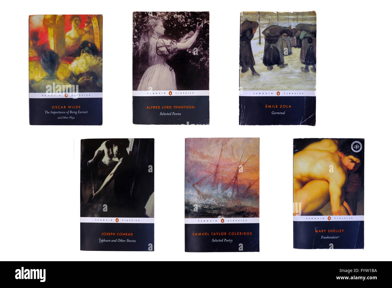 Ein Raster von 6 Penguin Classics Bücher vor weißem Hintergrund fotografiert. Stockfoto