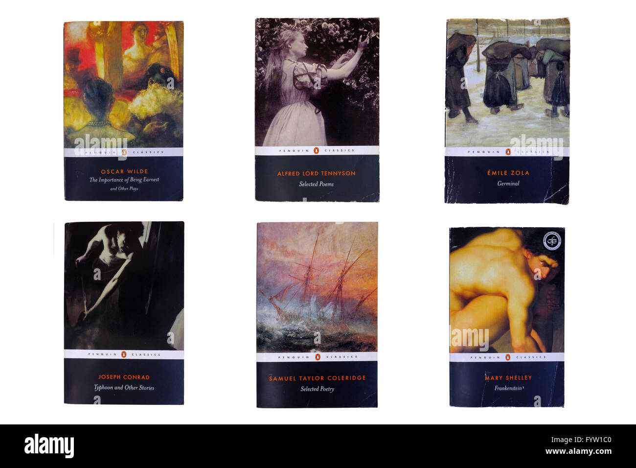 Ein Raster von 6 Penguin Classics Bücher vor weißem Hintergrund fotografiert. Stockfoto
