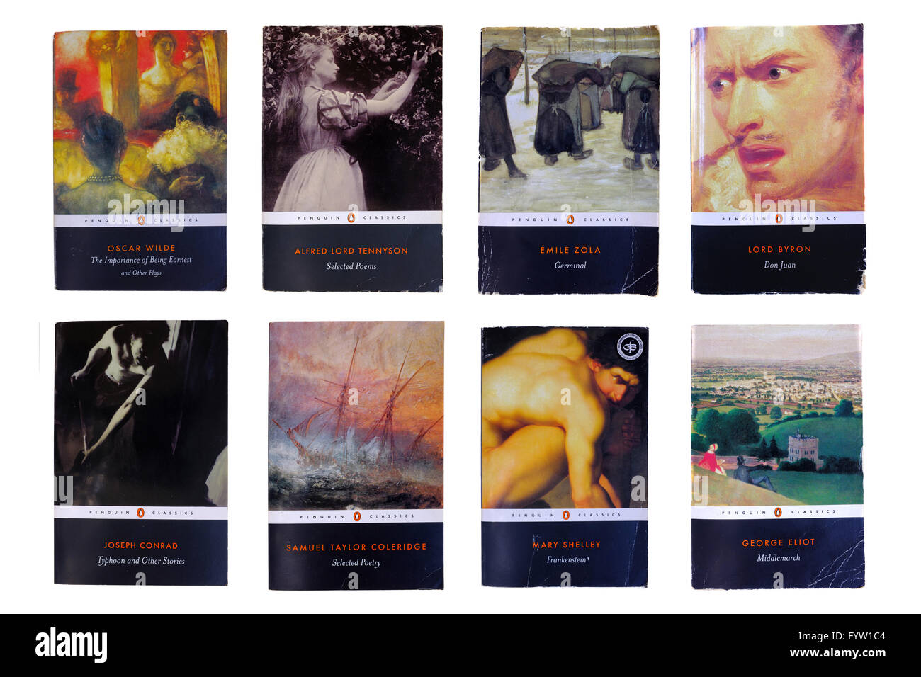 Ein Raster von 8 Penguin Classics Bücher vor weißem Hintergrund fotografiert. Stockfoto