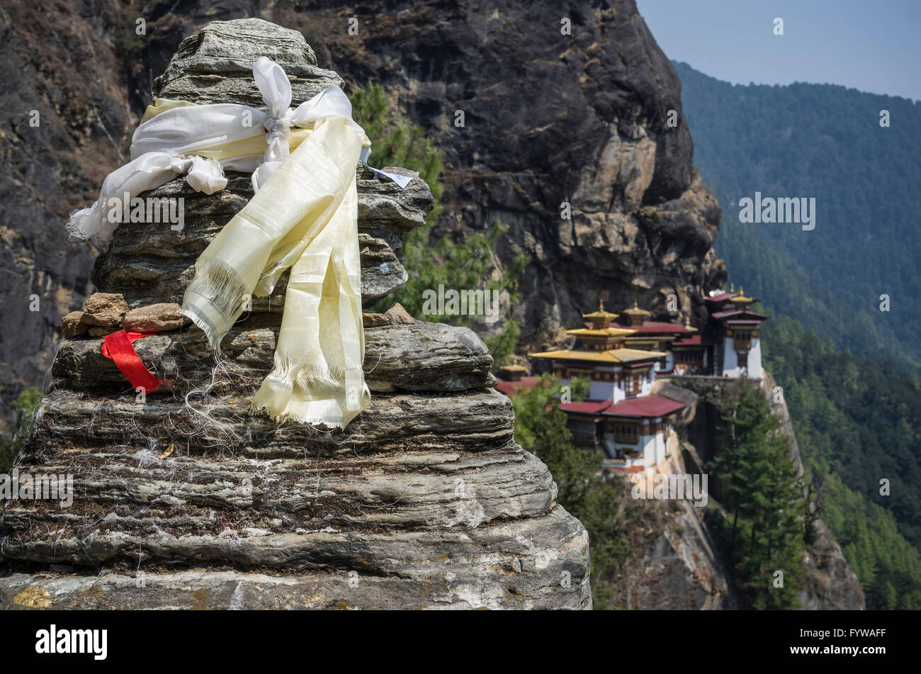 Sicht der Taktshang Kloster, Bhutan - Tiger Nest auch bekannt als Taktsang Palphug Kloster. Stockfoto
