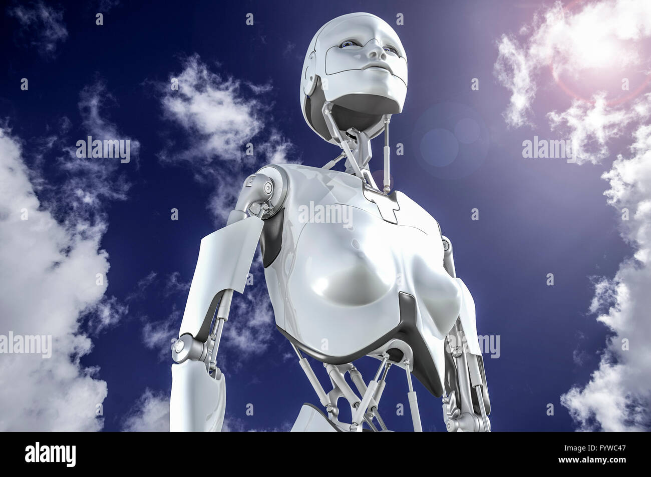 Weibliche humanoide Roboter in den Himmel blickte. Stockfoto