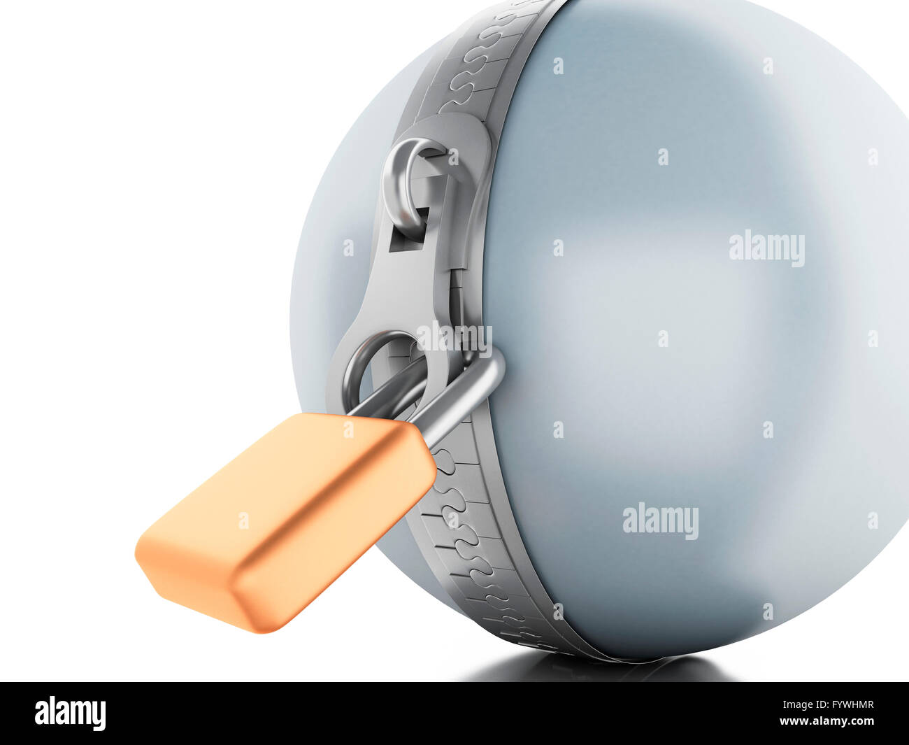 3D Renderer Bild. Ball mit Reißverschluss und Vorhängeschloss. Security-Konzept. Isolierten weißen Hintergrund. Stockfoto