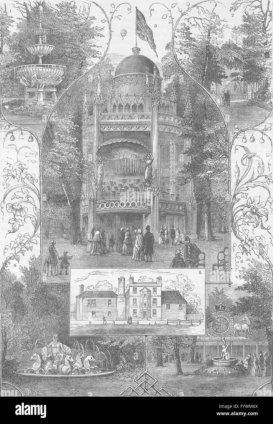 VAUXHALL: Ansichten in Vauxhall Gardens. London, antiken print c1880 Stockfoto