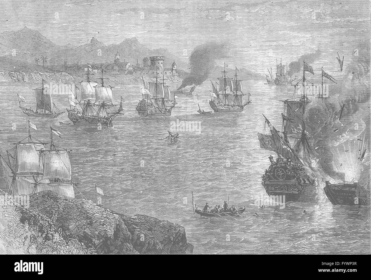 PANAMA: Morgans Niederlage der spanischen Flotte, antiken print c1880 Stockfoto