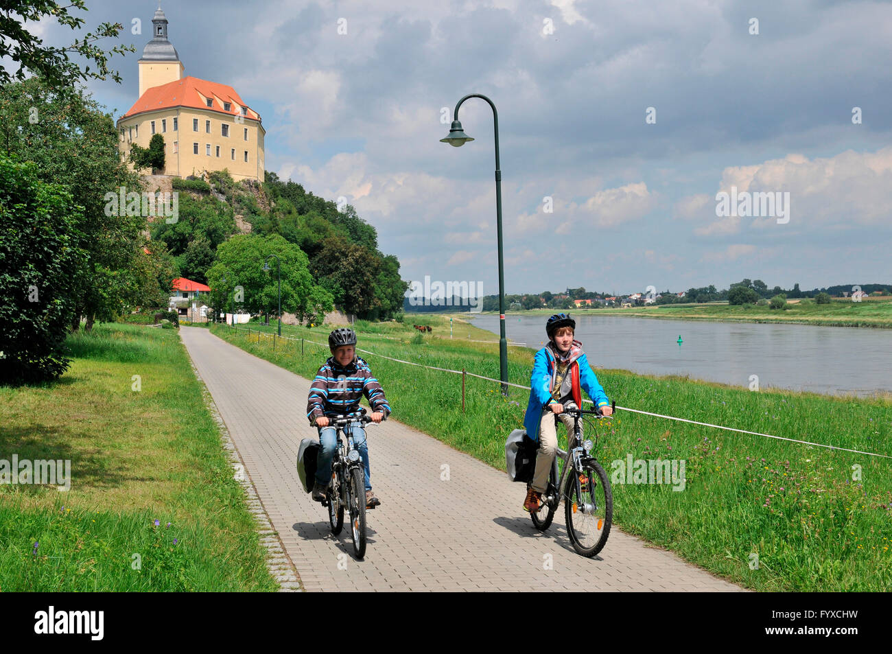 Radfahrer, Neuhirschstein ein der Elbe, Niedersachsen, Deutschland Stockfoto