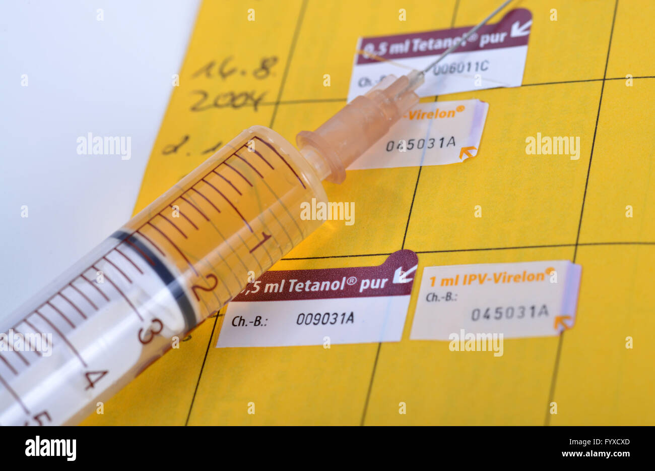 Injektion, Impfung, Impfung, Schuss Datensatz, Immunisierung Karte, Impfausweis, Tetanus-Spritze Stockfoto