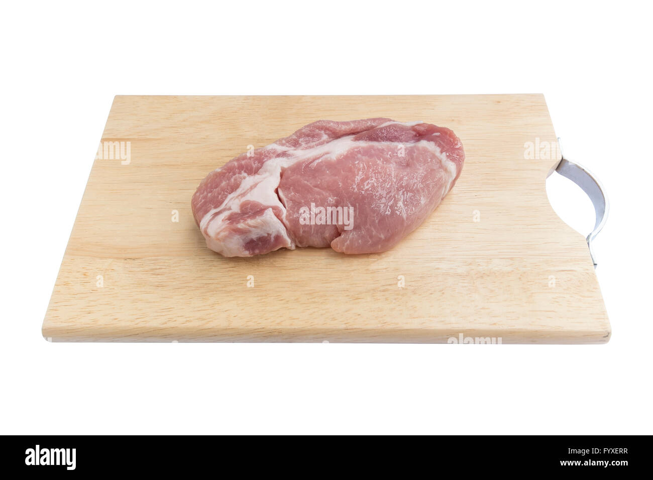 Fleischstücke auf Schneidebrett isoliert auf weißem Hintergrund Stockfoto