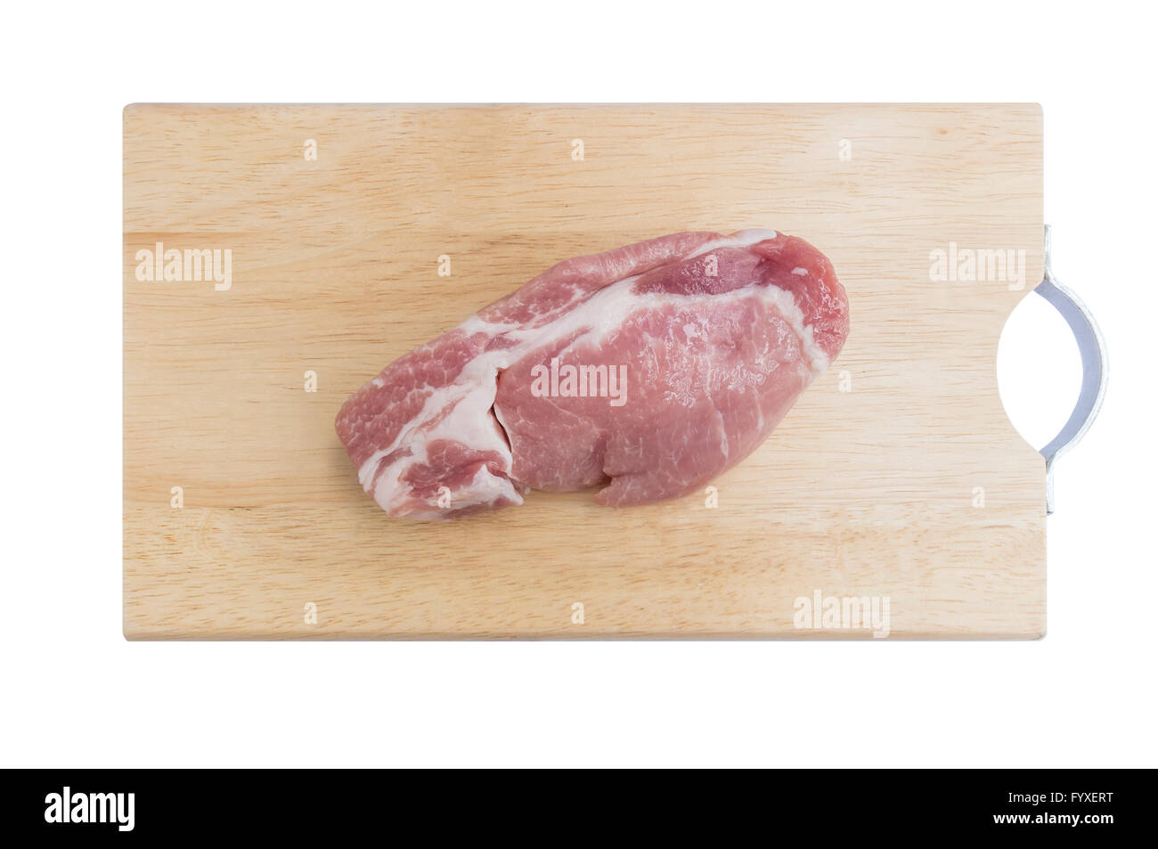 Fleischstücke auf Schneidebrett isoliert auf weißem Hintergrund Stockfoto