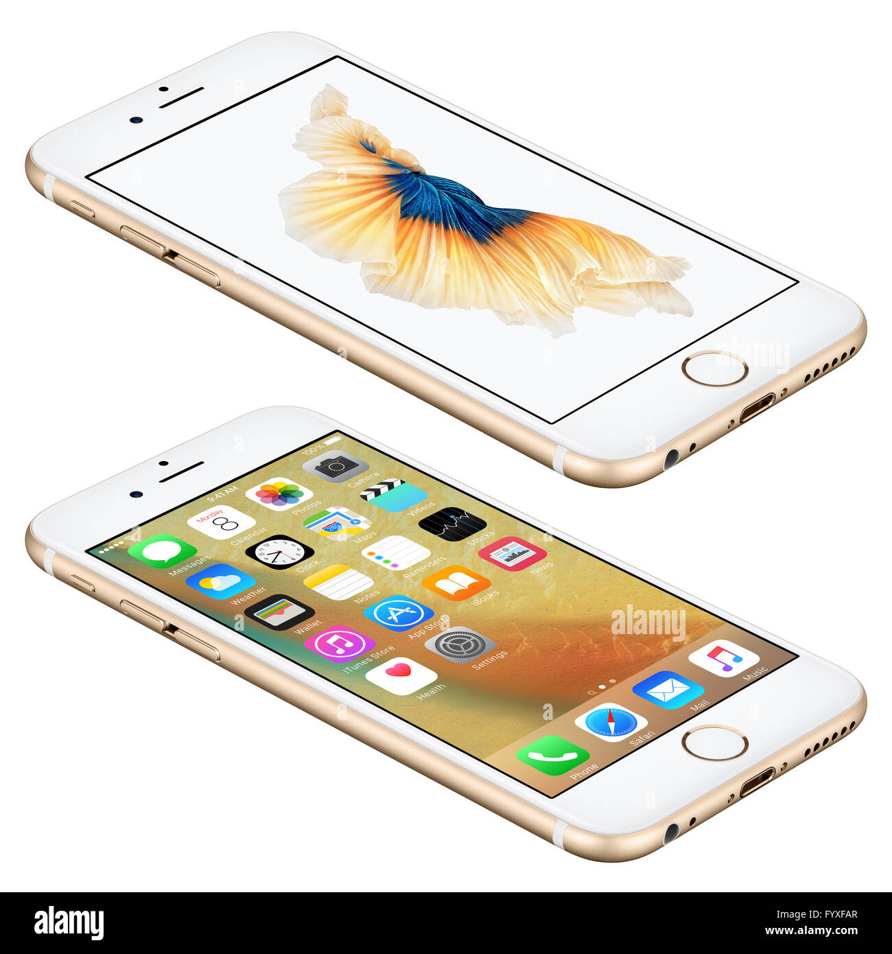 Varna, Bulgarien - 25. Oktober 2015: Gold Apple iPhone 6 s liegt auf der Oberfläche mit mobilen Betriebssystem iOS 9 Stockfoto