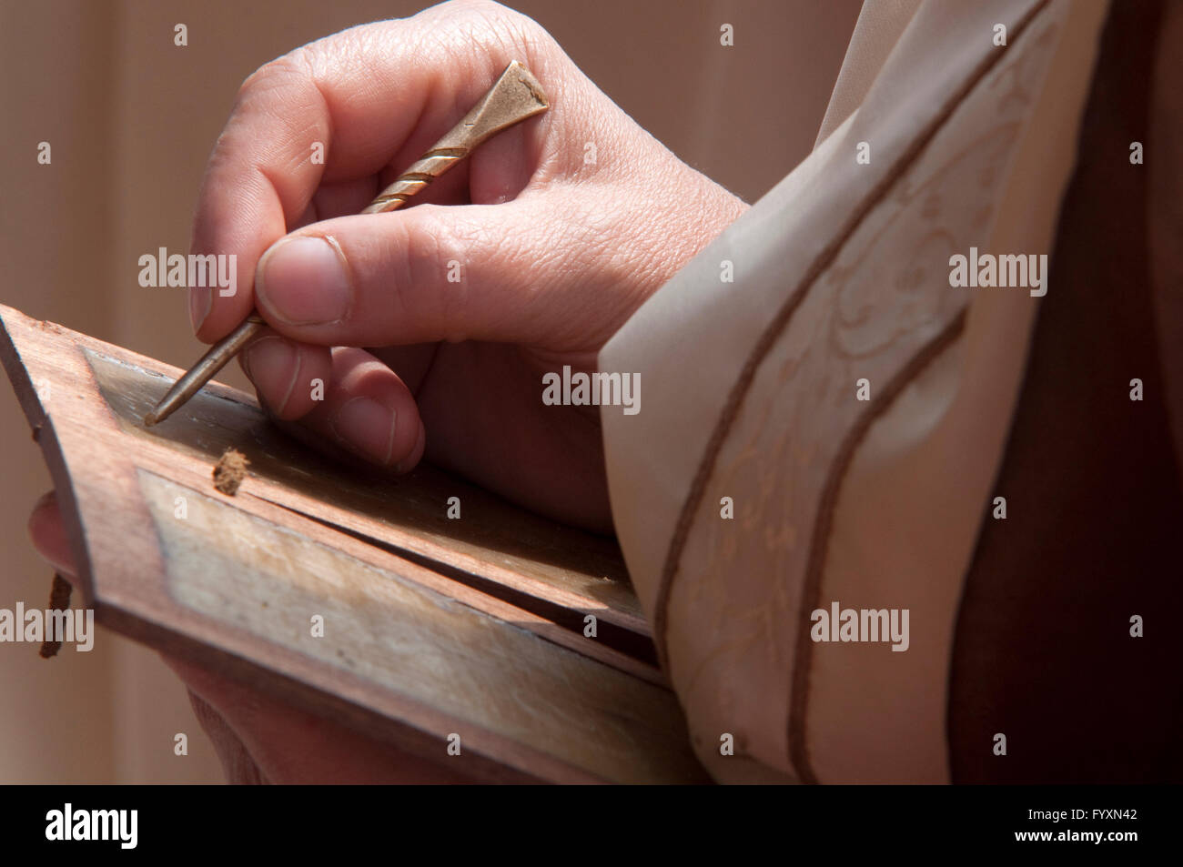 Italien, Lombardei, römische historische Reenactment, Tablett, aus Holz mit Wachsschicht und Stift schreiben Stockfoto