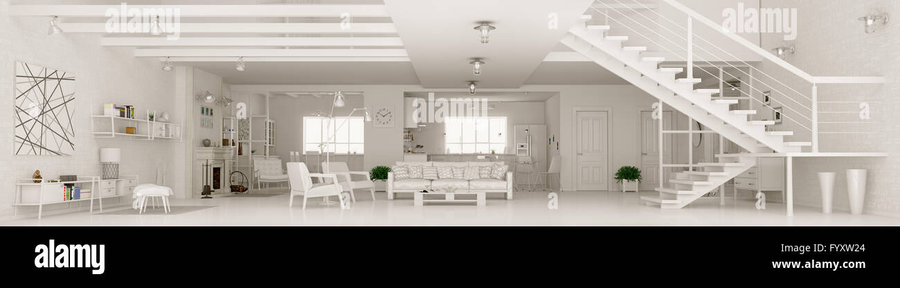 Modernes weißes Schlafzimmer, Wohnzimmer, Flur, Küche, Esszimmer, Treppe, Panorama 3D-Rendering Stockfoto