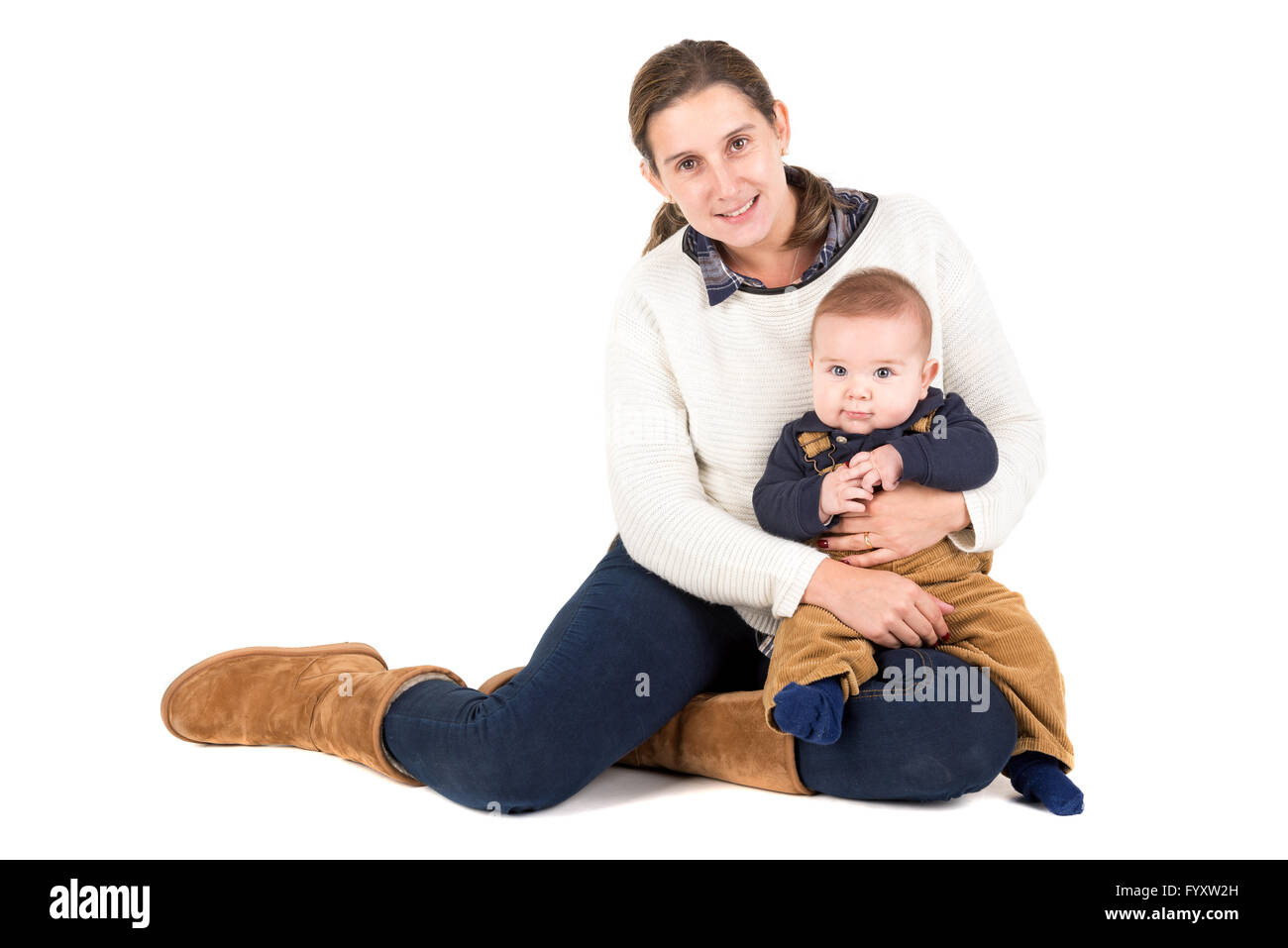 Mutter mit Kind in einem weißen Hintergrund isoliert Stockfoto