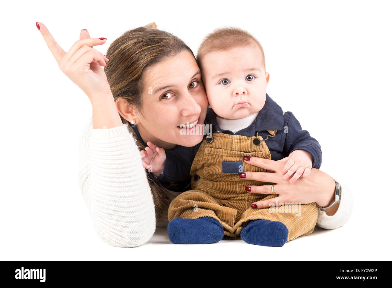 Mutter mit Kind in einem weißen Hintergrund isoliert Stockfoto