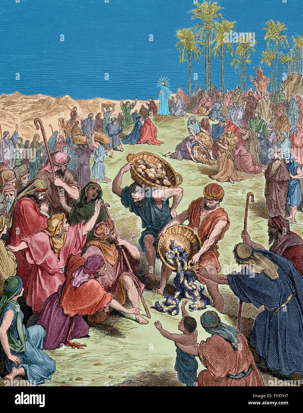 Die Fütterung der 4000. Evangelium des Matthäus. Kapitel 15. Verse 30 bis 37. Illustration von Gustave Dore (1832-1883). Farbige Gravur. Stockfoto