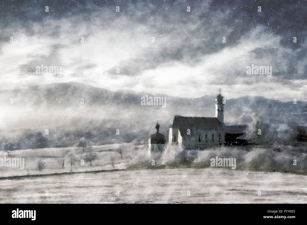 Vintage Winter-Landschaftsmalerei Stockfoto