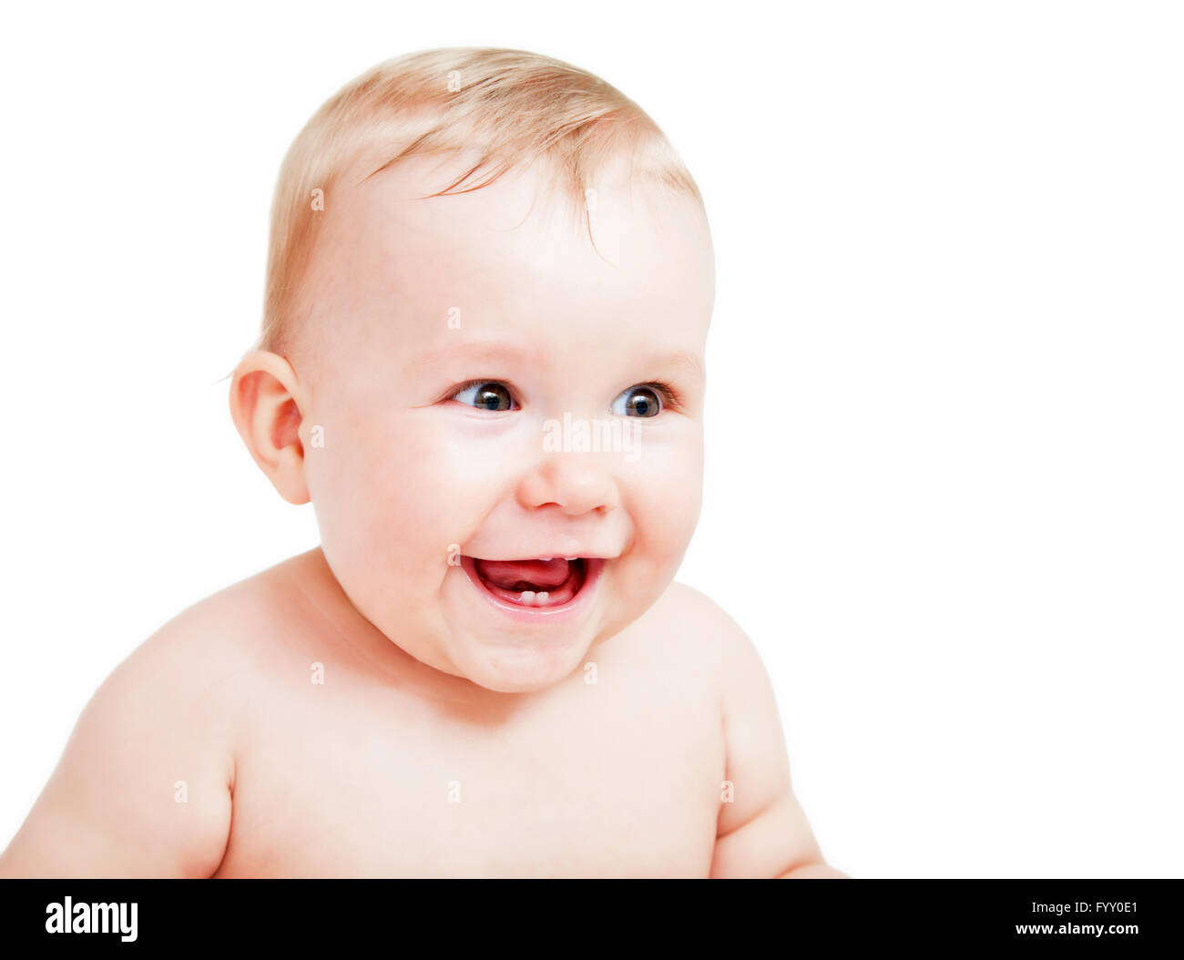 Niedliche glückliches Baby Lachen auf weiß Stockfoto