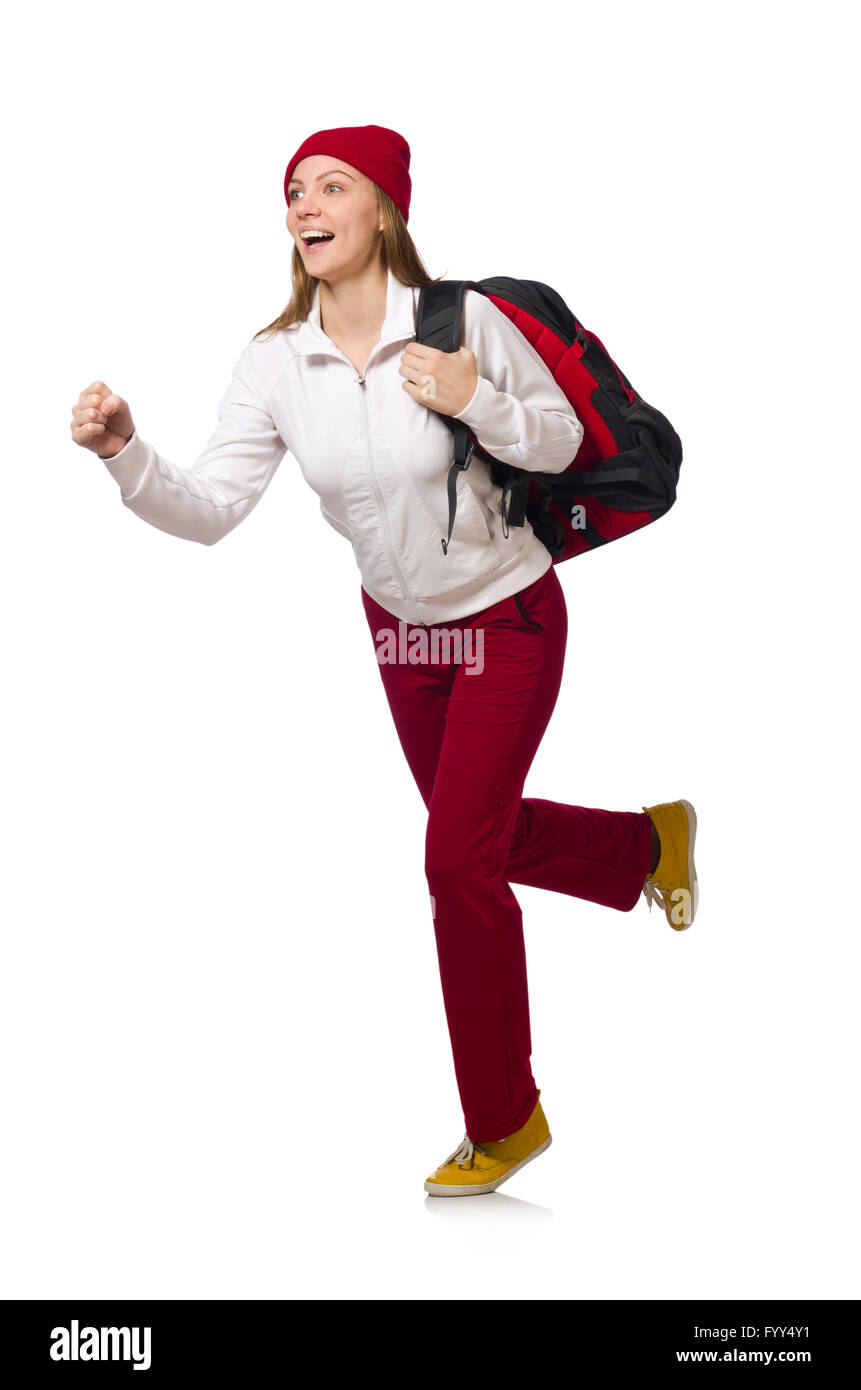 Lustige student mit Rucksack isoliert auf weißem Stockfoto