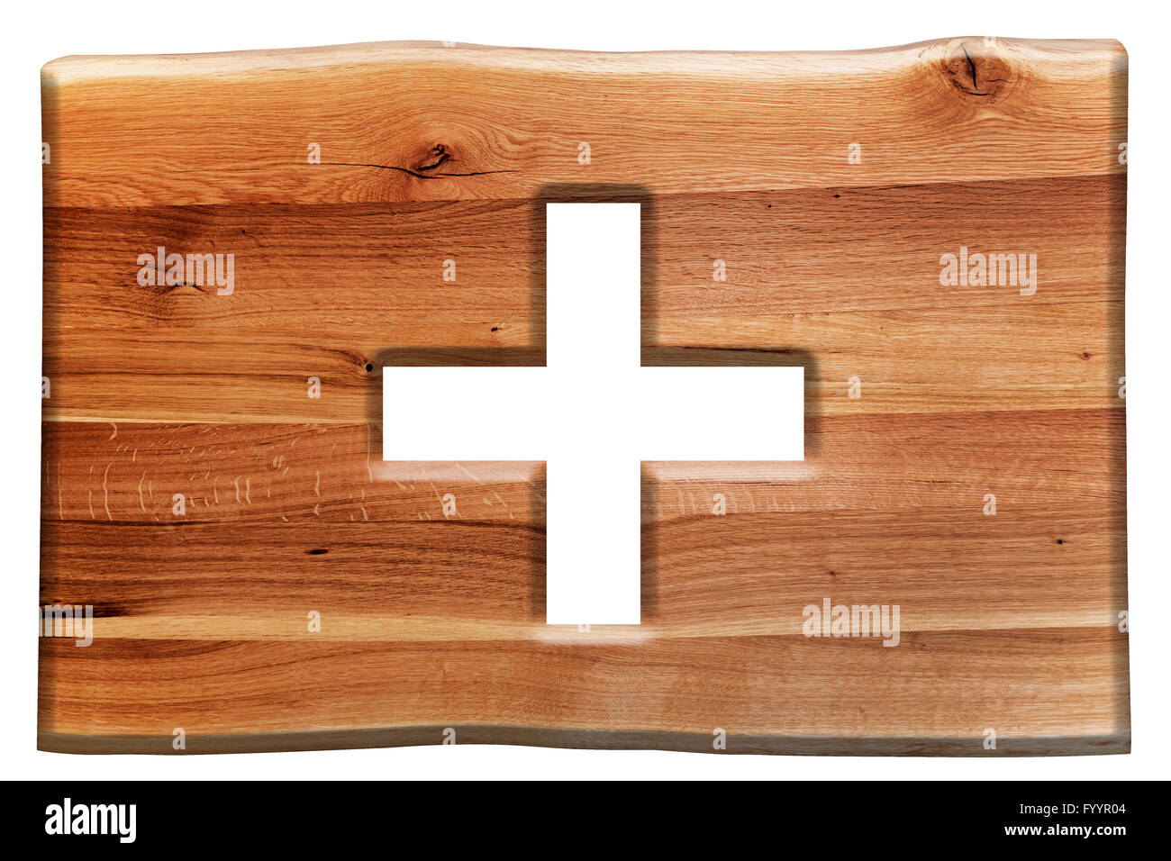 Kreuz im Schnitt Holzbrett isoliert auf weiss Stockfoto