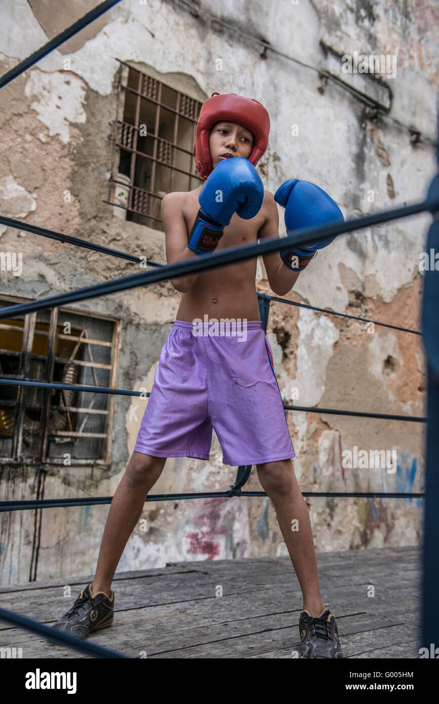 Niedrigen Winkel Ansicht eines kleinen jungen kubanischen tragen blaue Handschuhe und rote Kopfbedeckung, am Projekt Kuba Boxeo sparring. Alt-Havanna, La Havanna, Kuba Stockfoto