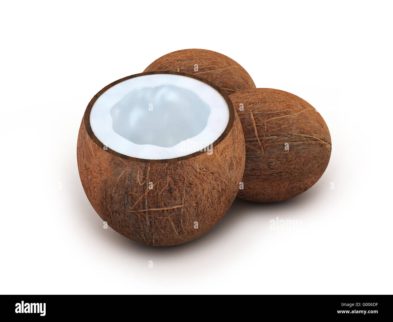 Drei Kokosnuss auf weißem Hintergrund (durchgeführt in 3d) Stockfoto