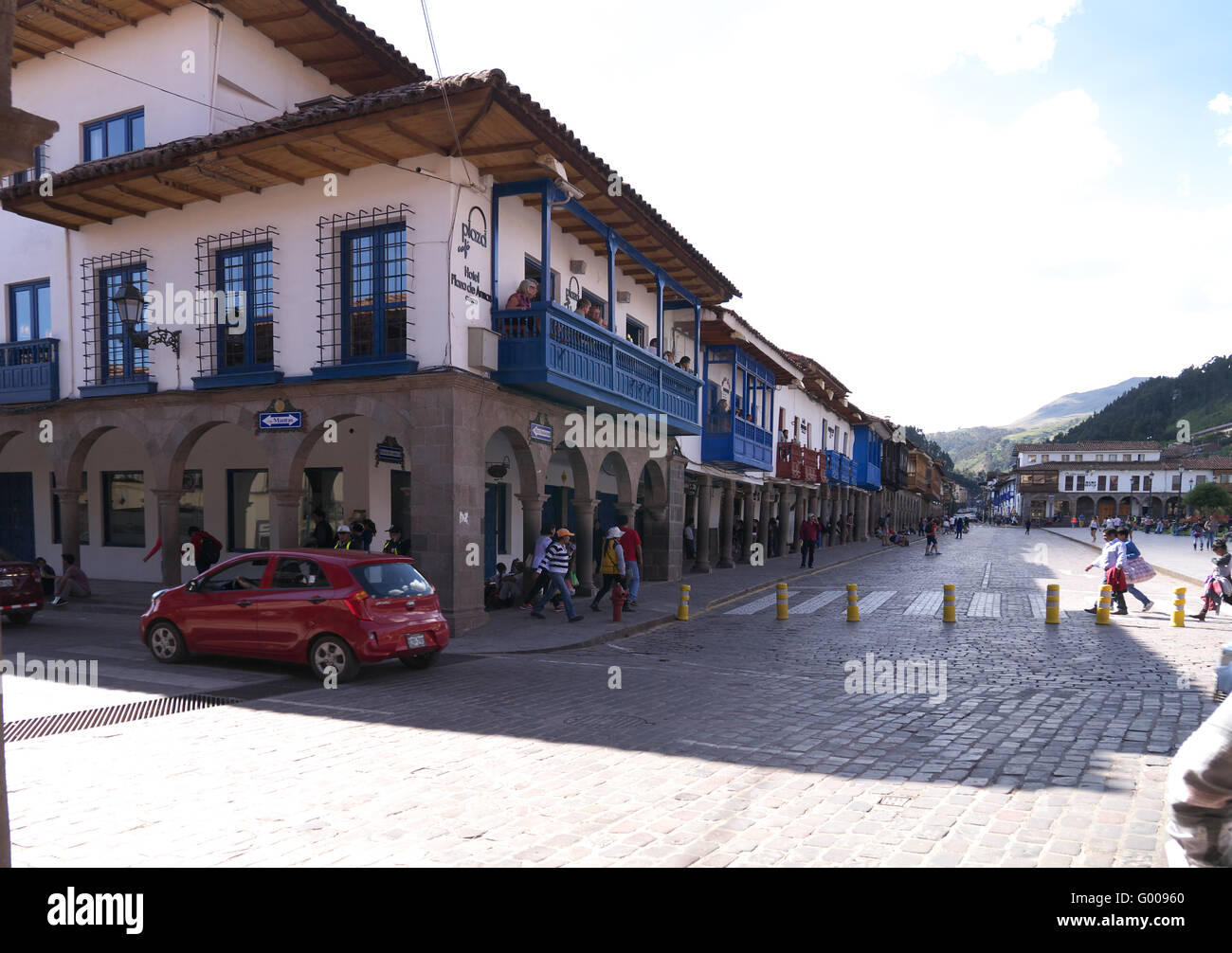 Cusco, Peru. Hauptplatz Plaza de Armas, die alten kolonialen Gebäuden Stockfoto