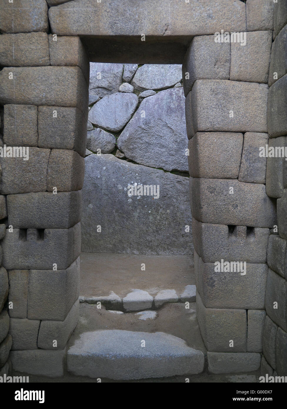 Tor Weg zeigen Mauerwerk in Machu Picchu, Peru Stockfoto