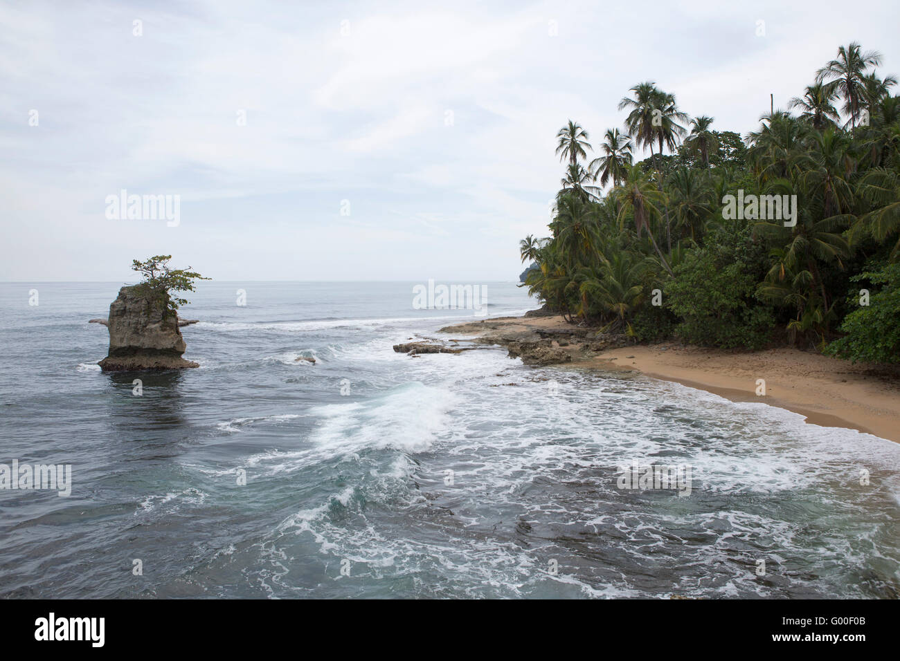 Ein Felsvorsprung aus vulkanischem Gestein im karibischen Meer vor Playa Manzanillo in Costa Rica. Stockfoto