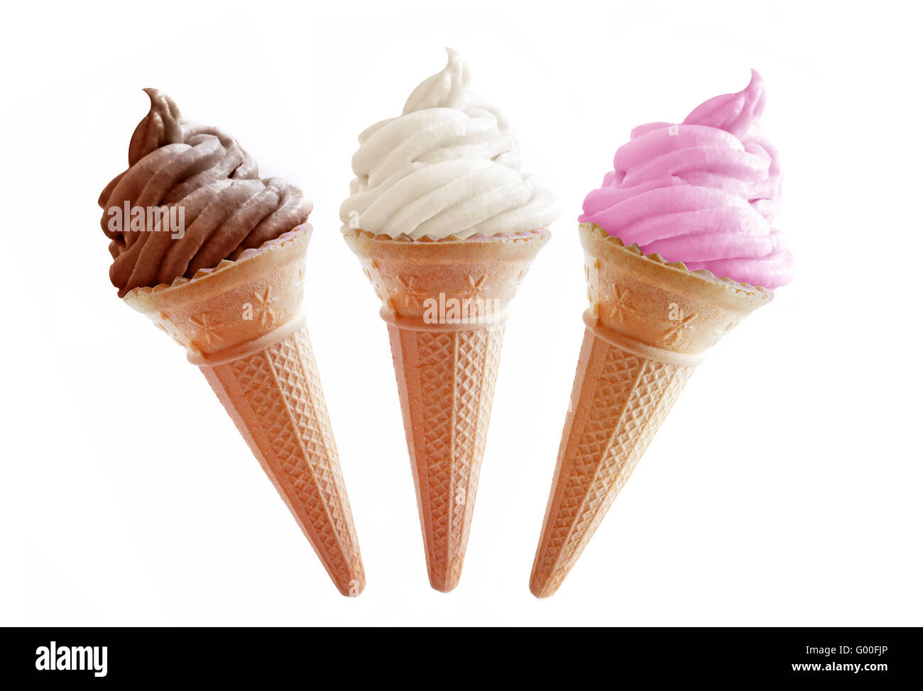 Ice Cream Cone Aromen wie Schokolade, Vanille und Erdbeere Stockfoto