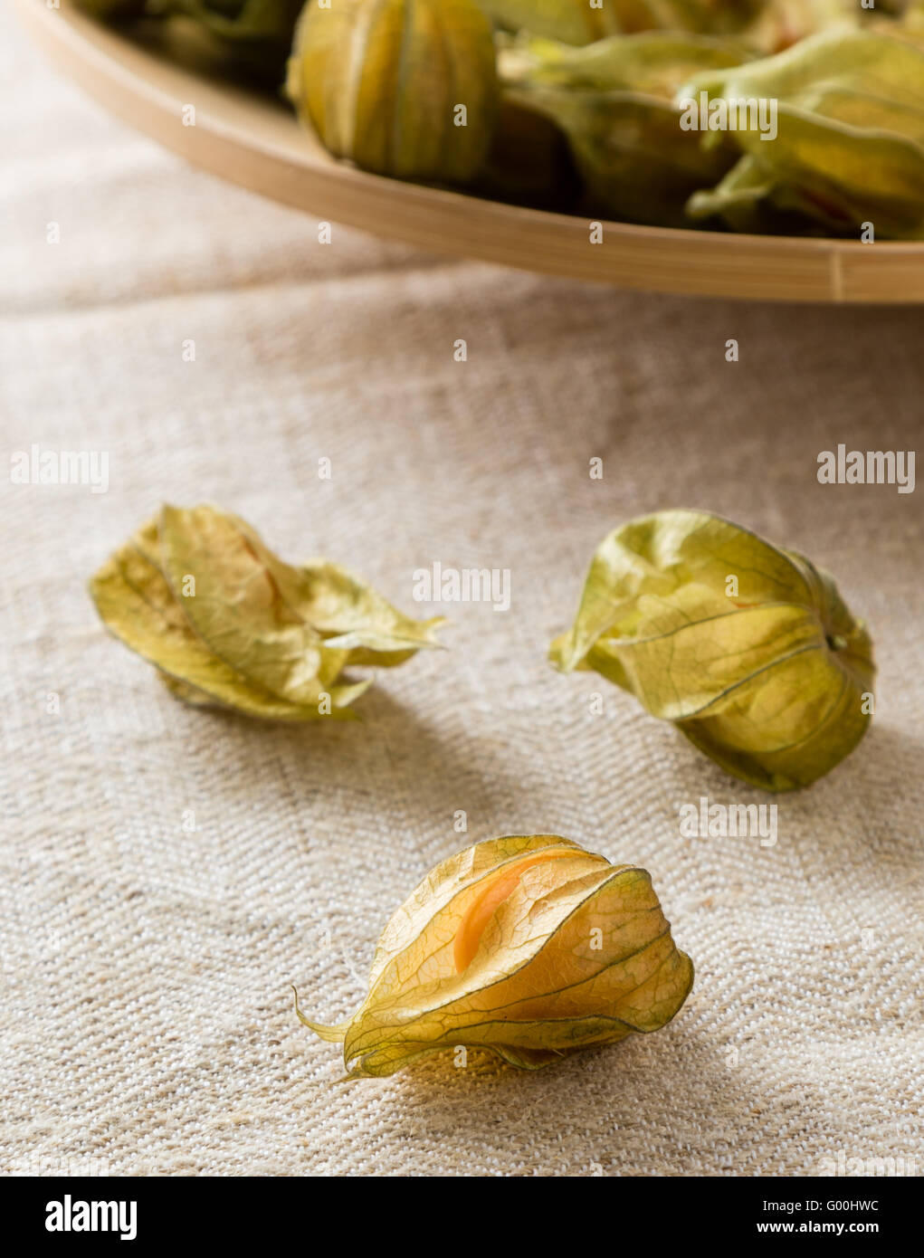 frische Physalis auf Tisch Stockfoto