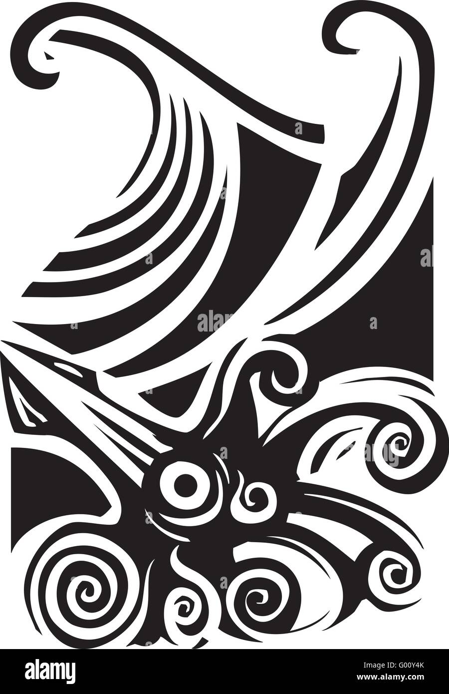 Holzschnitt-Stil Bild ein riesiger Tintenfisch in den Wellen des Ozeans. Stock Vektor