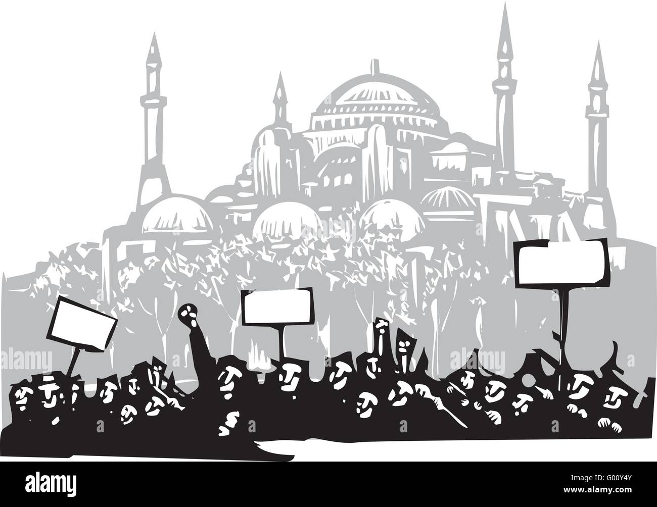 Holzschnitt-Stil Bild von einem Aufstand oder Protest vor der Hagia Sophia in Istanbul Stock Vektor