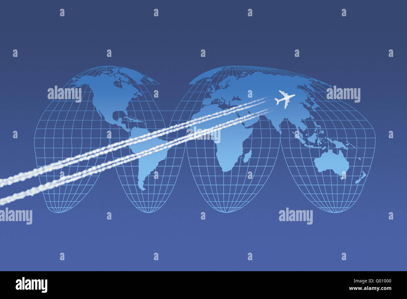 Flugzeuge vor einer Weltkarte in Goode-Projektion Stockfoto
