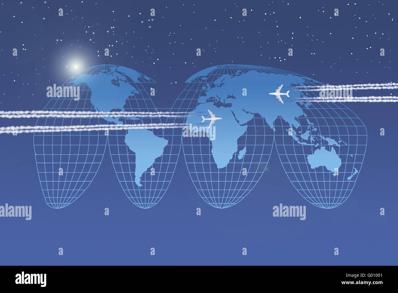 Zwei Flugzeuge vor einer Weltkarte in Goode-Projektion Stockfoto