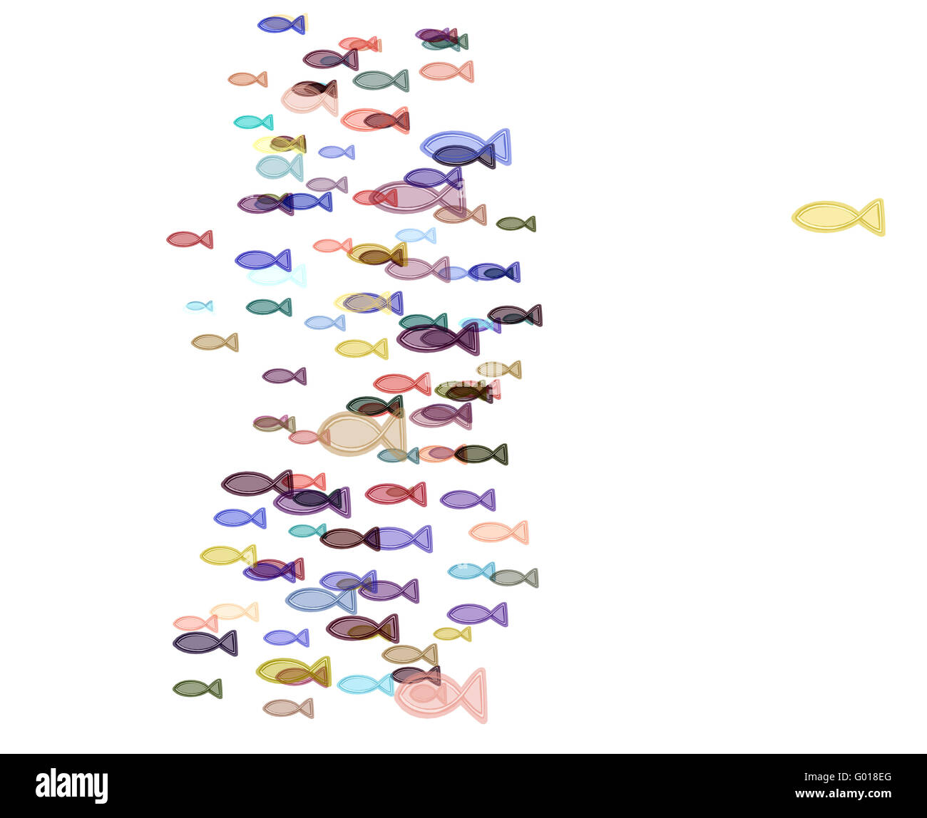 eine einsame Fische schwimmen al viel nach einer großen Truppe von Fischen Stockfoto