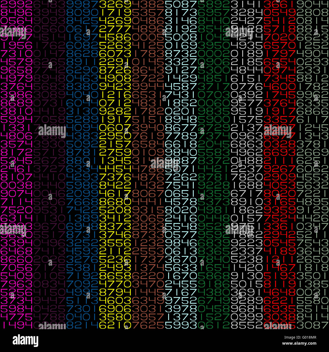 vertikale Ketten von Zahlen in verschiedenen Farben Stockfoto