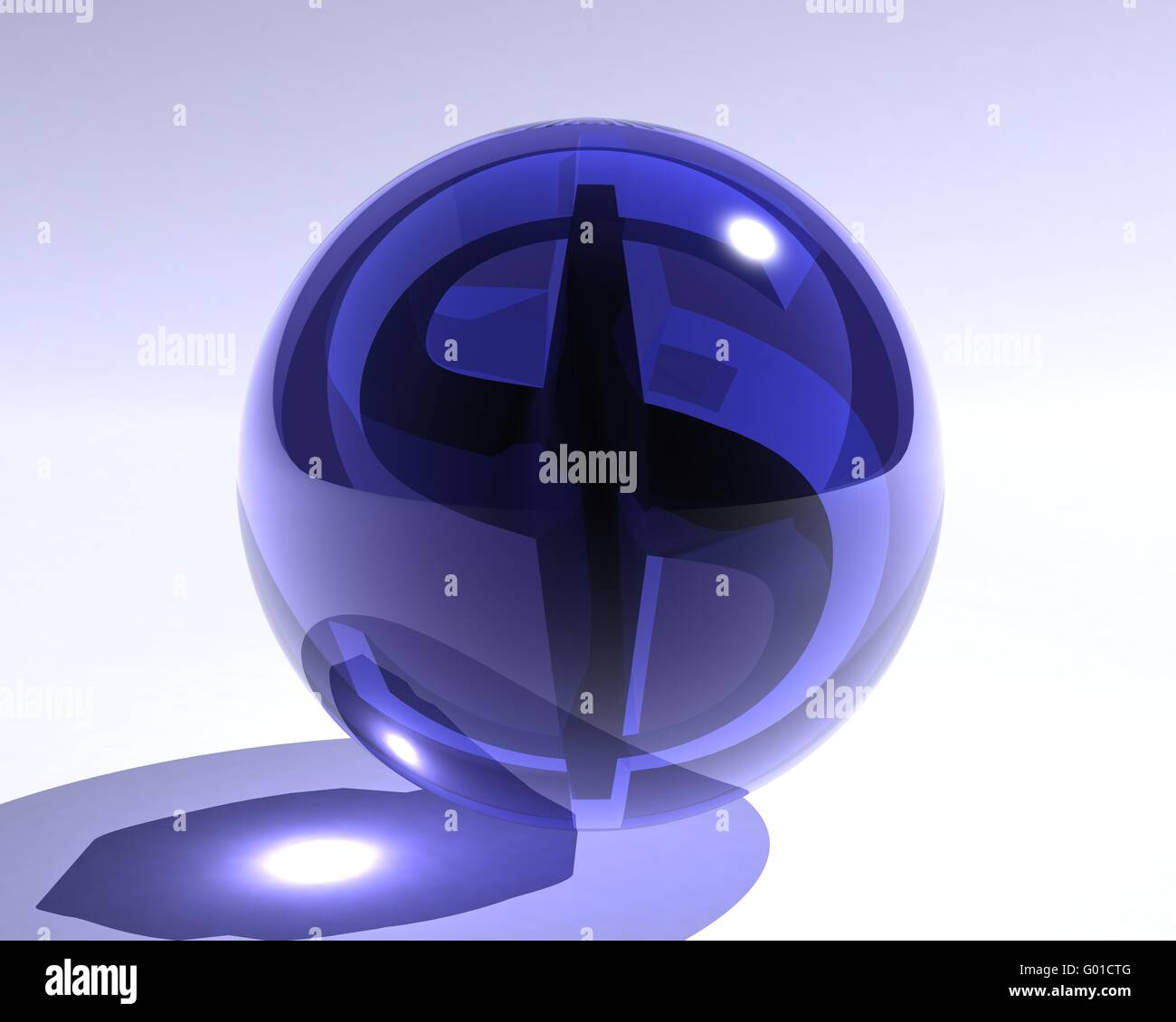 blaue Glaskugel mit einem Dollarsymbol im Inneren Stockfoto