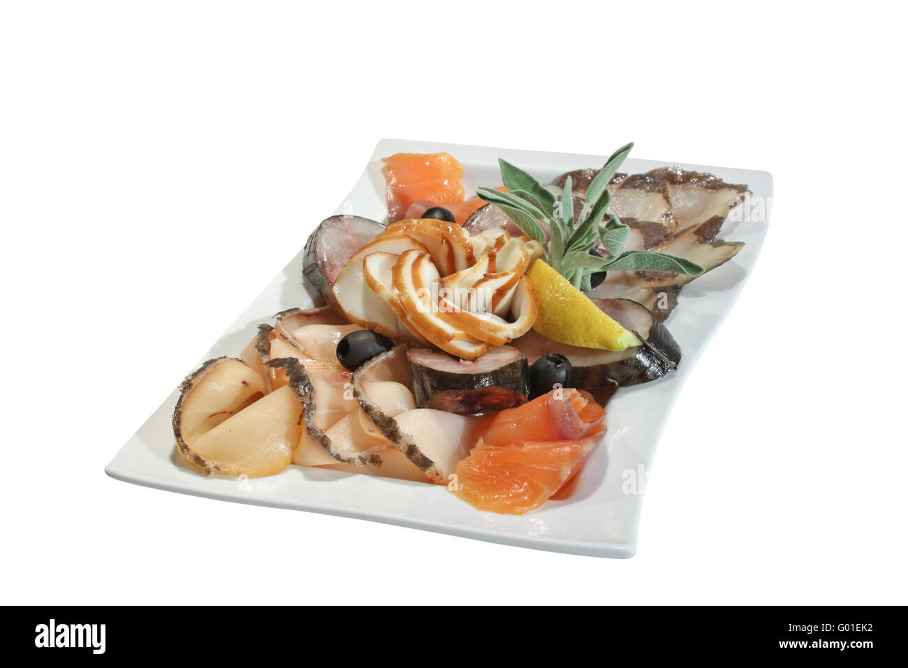 Snack von verschiedenen Fischarten - Kombination von geräuchertem Lachs Stockfoto