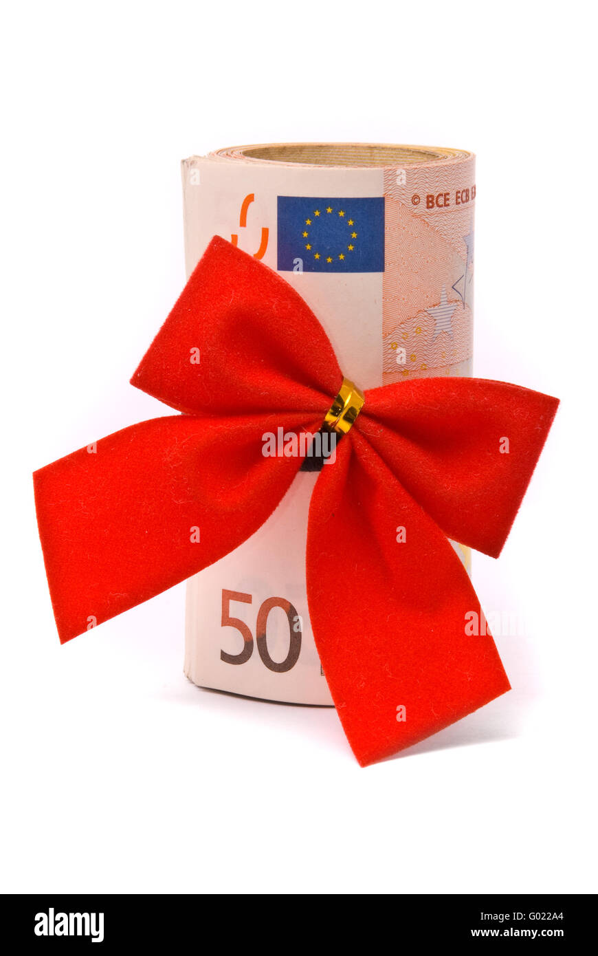 Rolle des Euro Geld und roter Schleife isoliert auf weißem Hintergrund Stockfoto