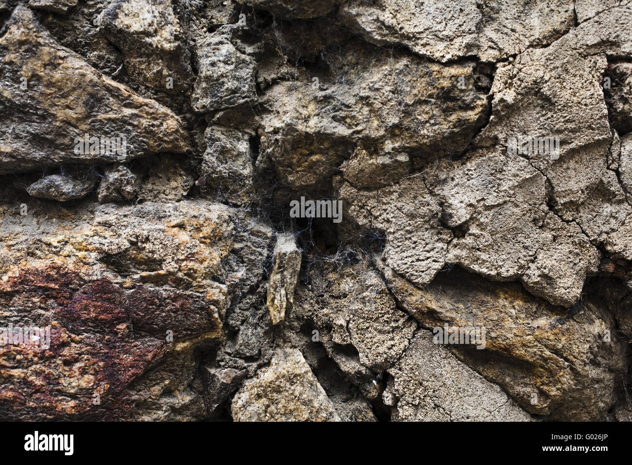 Spinnweben auf einer Steinmauer Stockfoto