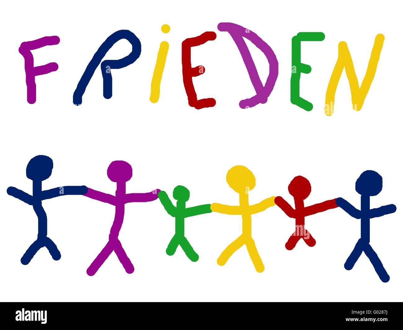 Kinder - Zeichnung - Schrift Frieden und Menschenkette Stockfoto