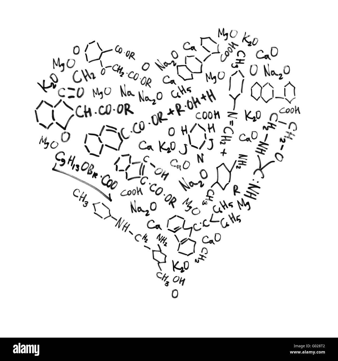 Herzförmige chemische Formeln, isoliert auf weißem Hintergrund. Stockfoto