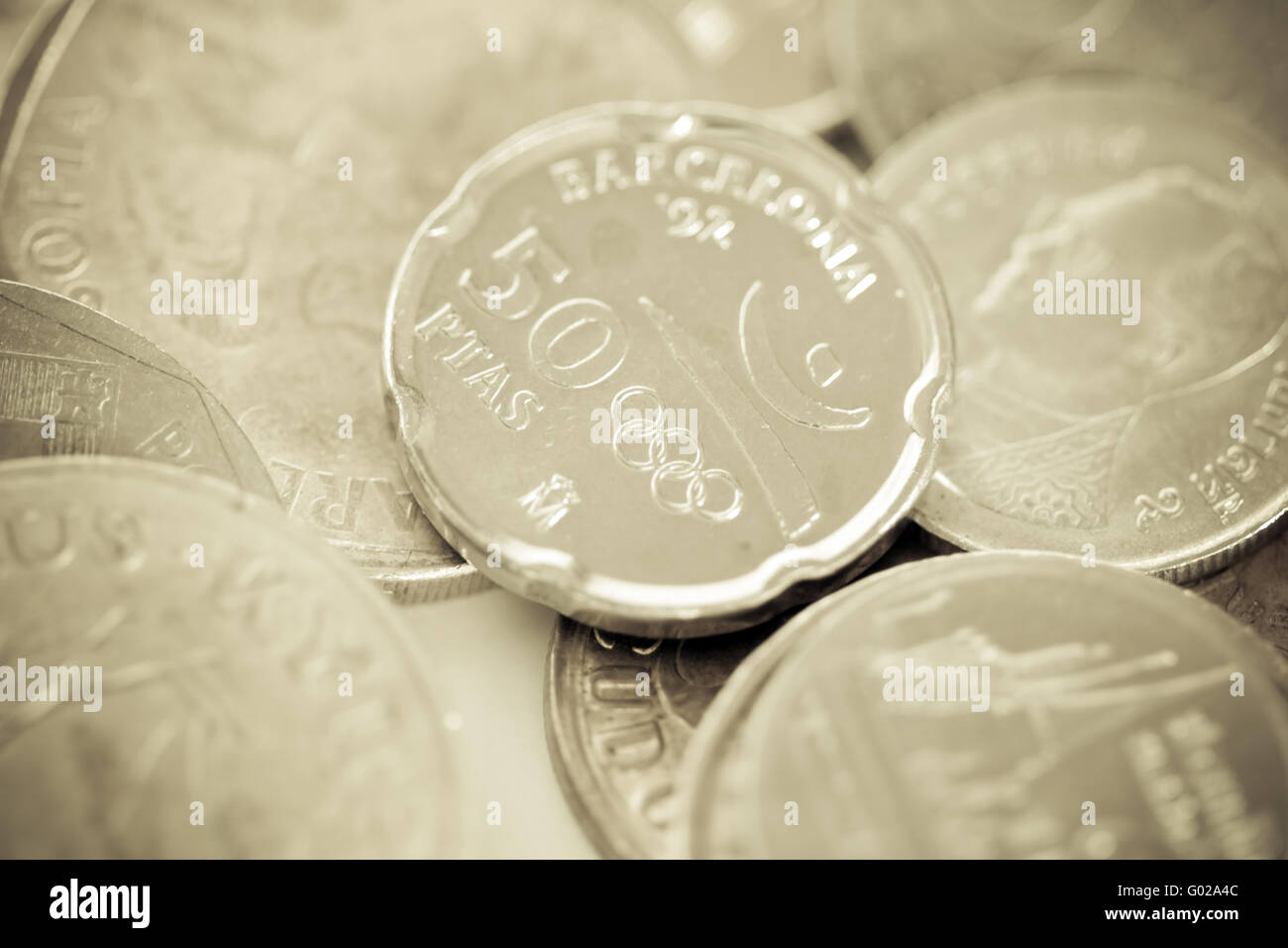 50 Peseten-Münze zu Ehren der Olympischen Spiele in Spanien Stockfoto