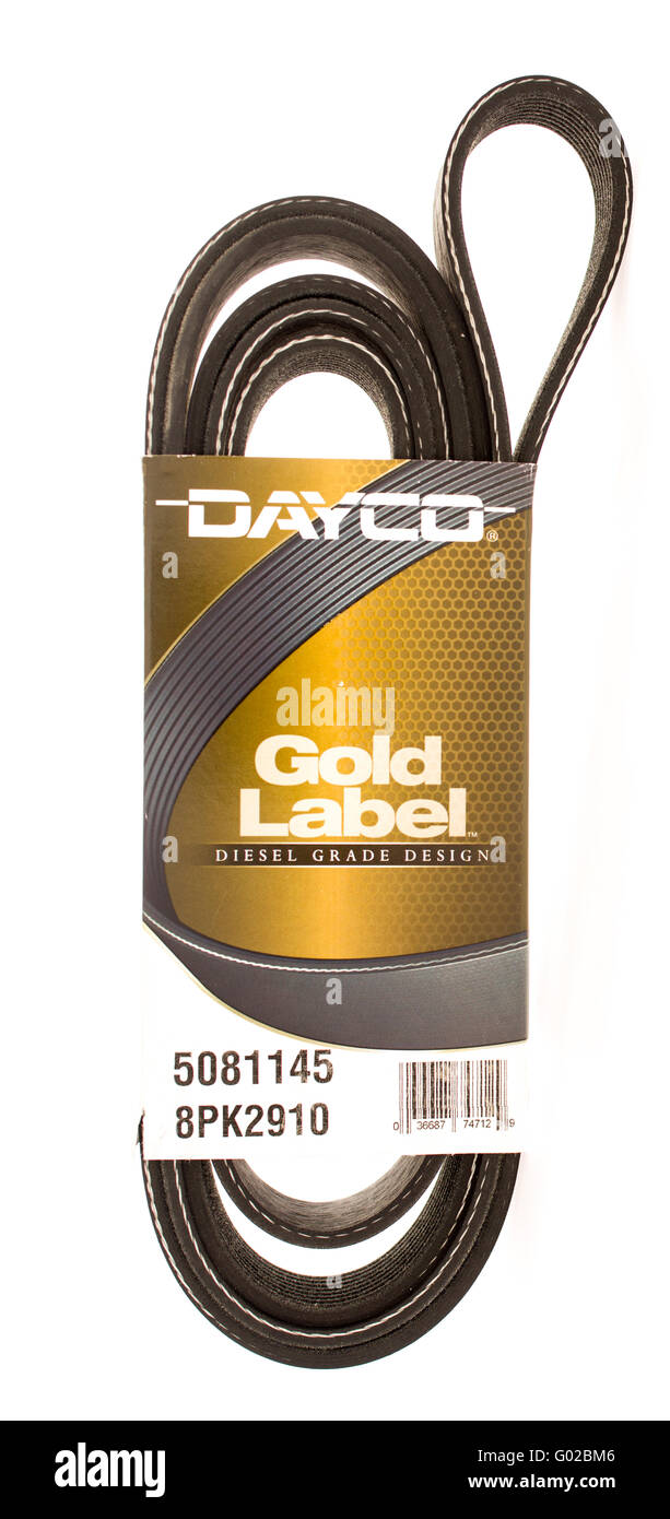 Winneconni, WI - 12. Juni 2015: Dayco gold Label Keilrippenriemen auf Autos verwendet, um das Zubehör der Motor einschalten Stockfoto