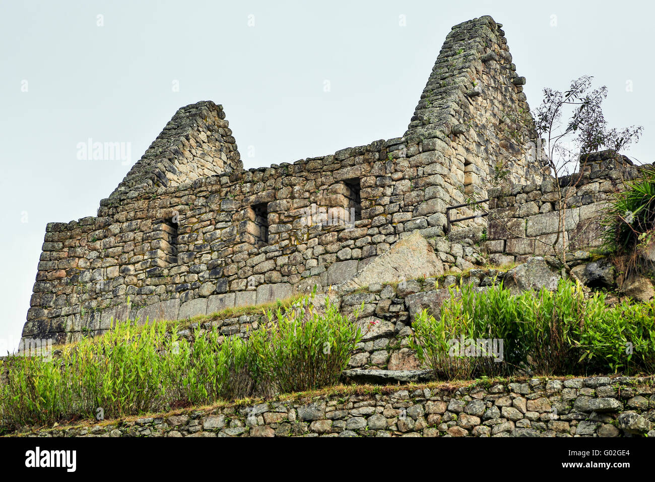 Gebäude aus Stein, Ruinen Machu Picchu Inca, in der Nähe von Aguas Calientes, aka Machu Picchu Pueblo, Cusco, Peru Stockfoto