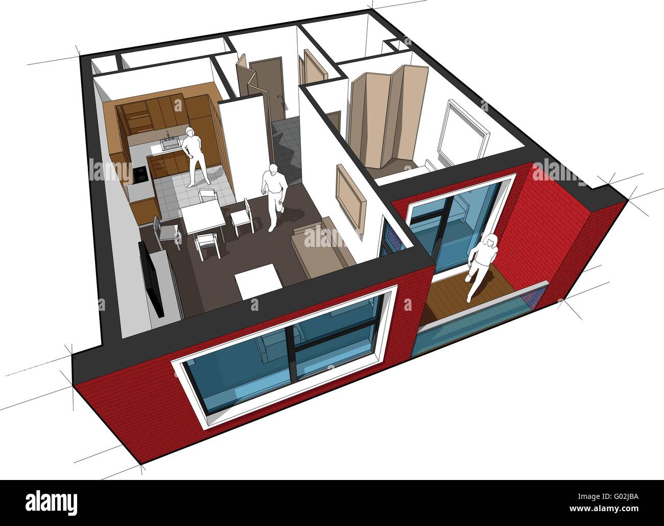 Perspektivischen Cutaway Diagramm eines mit 1 Schlafzimmer-Wohnung komplett möbliert Stock Vektor