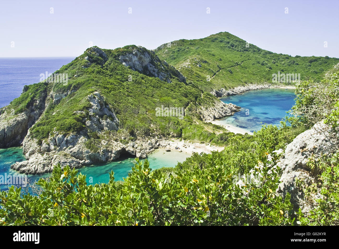 Zwei Buchten von Porto Timoni, Korfu, Griechenland Stockfoto