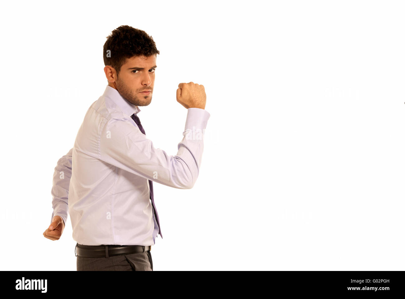 Junger Geschäftsmann fröhlich starke Geste mit beiden Händen textfreiraum isoliert auf weißem Hintergrund Stockfoto
