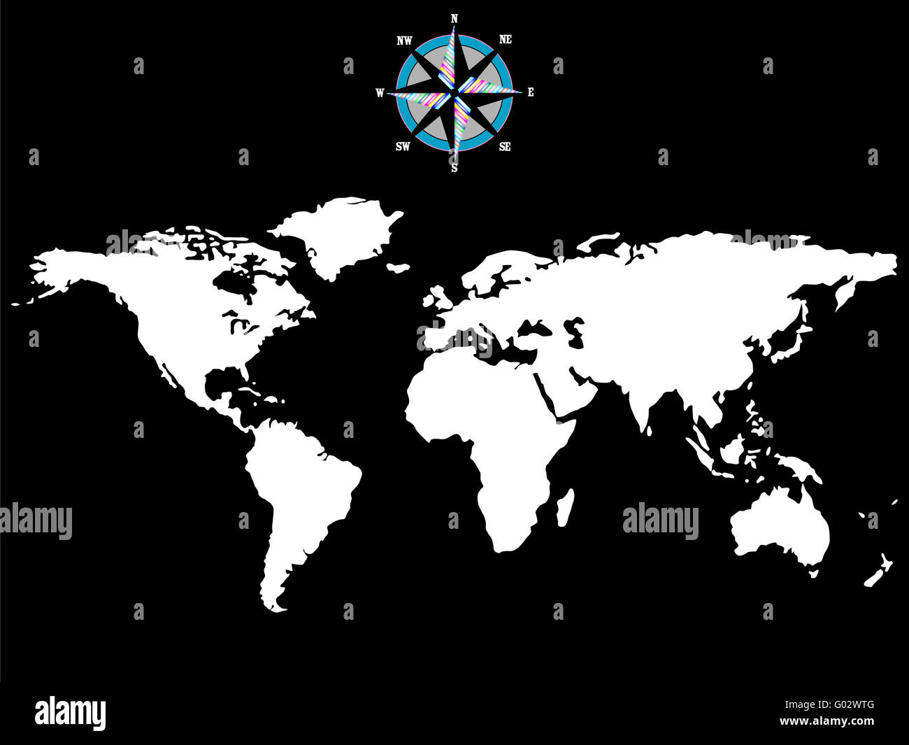 weiße Weltkarte mit Windrose auf schwarzem Hintergrund isoliert Stockfoto
