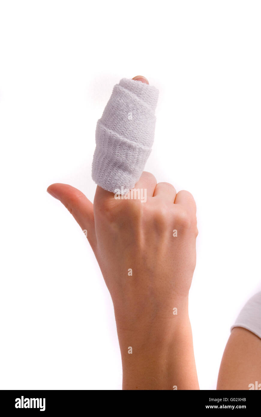 Weiße Medizin Bandage auf Verletzungen der menschlichen Hand. Studio isoliert. Stockfoto