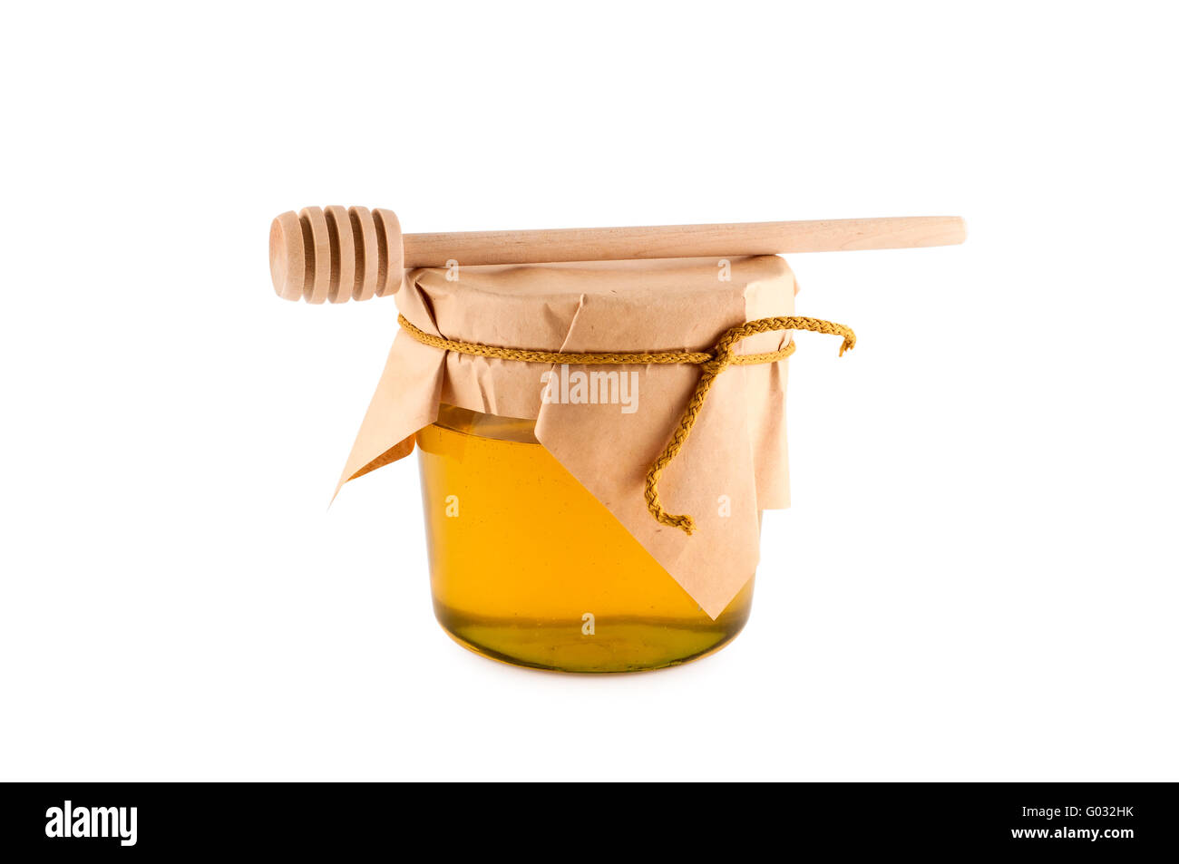 Honig, Holzlöffel, isoliert, weißer Hintergrund-Clipping-Pfad. Stockfoto